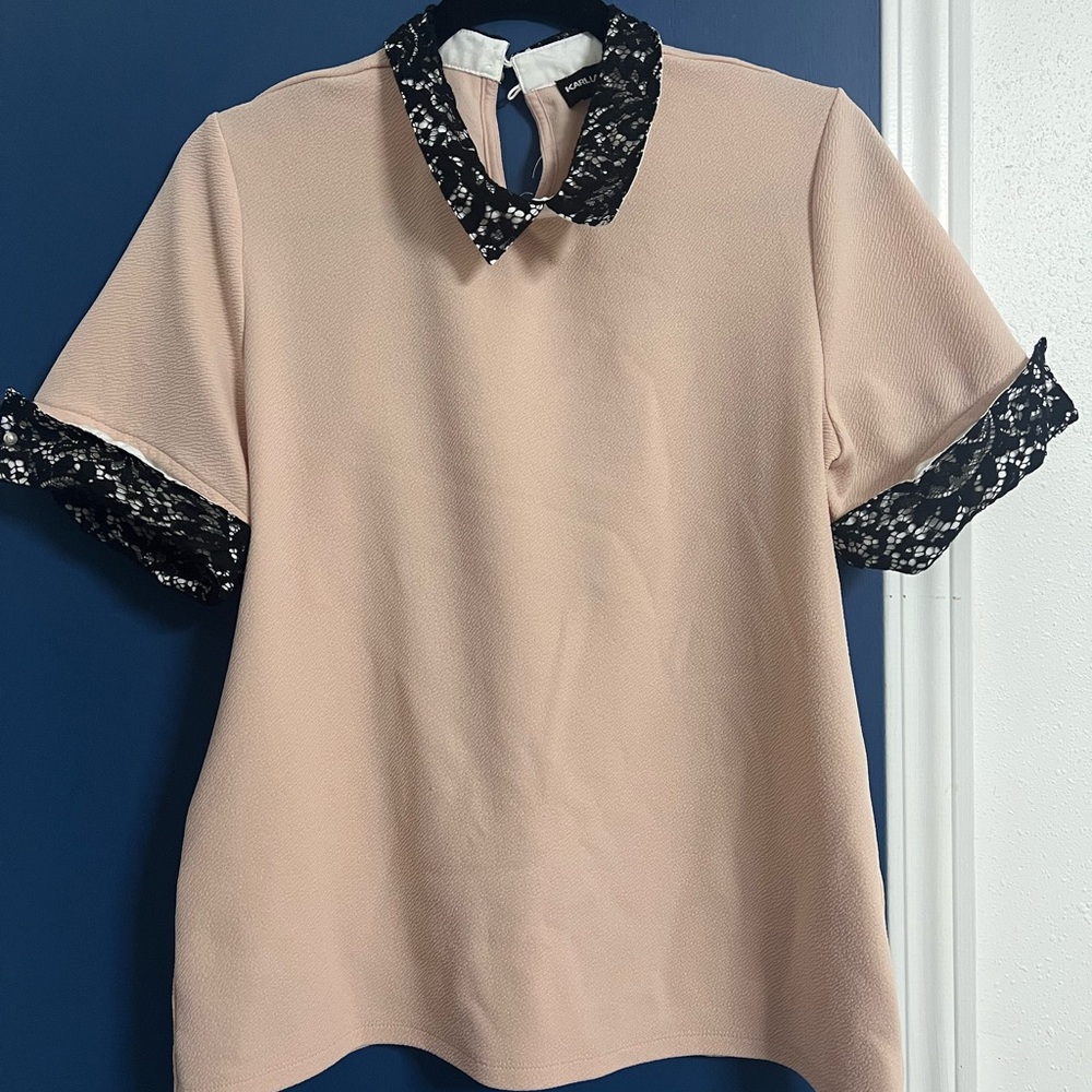 Karl Lagerfeld Pink Blouse with Black Lace Accents
